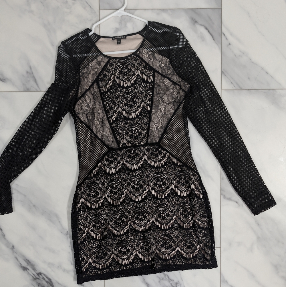 Express Black and Cream Lace Long Sleeve Dress Size Medium